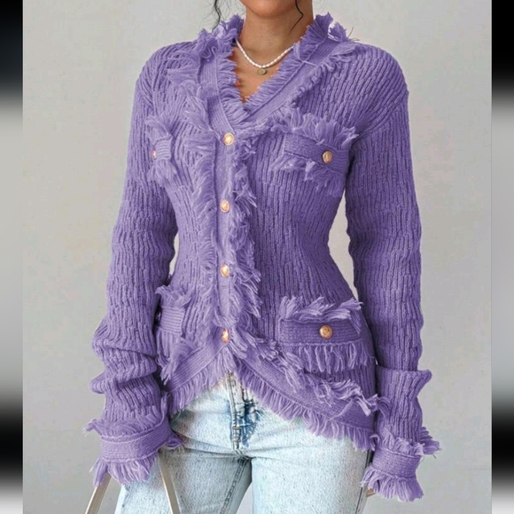Women's Solid Color Patchwork Fringe Long Sleeve Single-Breasted Cardigan - Picture 1 of 4